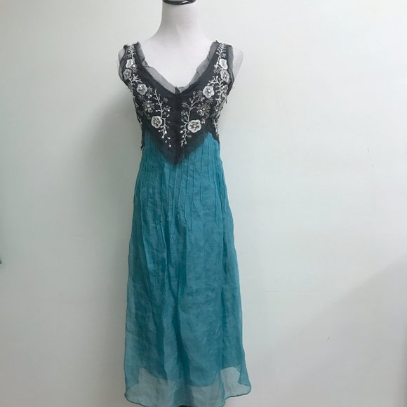 NEW Trelise Cooper turquoise black beaded sequin pearls embroidered silk dress 6
